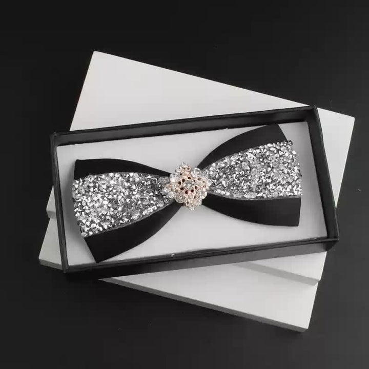 2Pcs Men's Shiny Rhinestone Bling Red Corsage Bow Tie Set