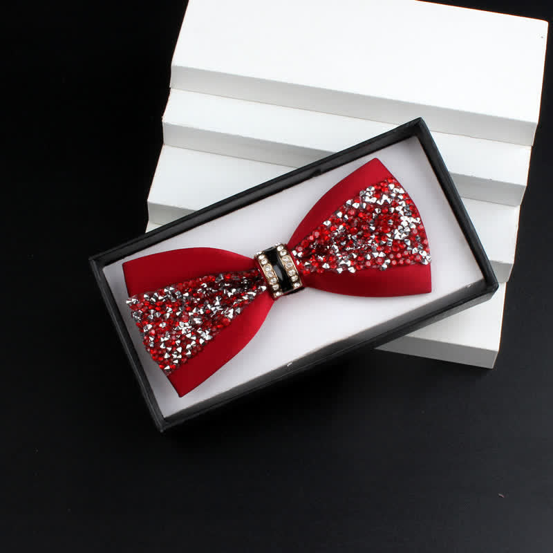 2Pcs Men's Shiny Rhinestone Bling Red Corsage Bow Tie Set