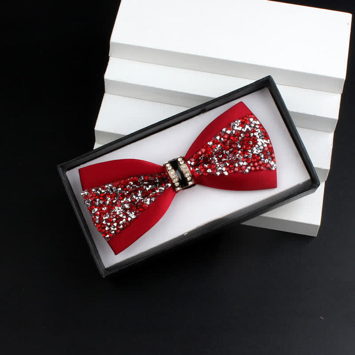 2Pcs Men's Shiny Rhinestone Bling Red Corsage Bow Tie Set