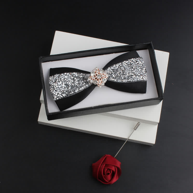 2Pcs Men's Shiny Rhinestone Bling Red Corsage Bow Tie Set