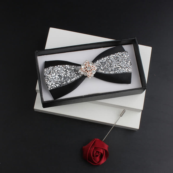 2Pcs Men's Shiny Rhinestone Bling Red Corsage Bow Tie Set