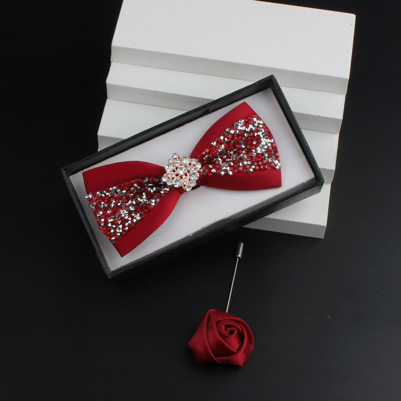 2Pcs Men's Shiny Rhinestone Bling Red Corsage Bow Tie Set
