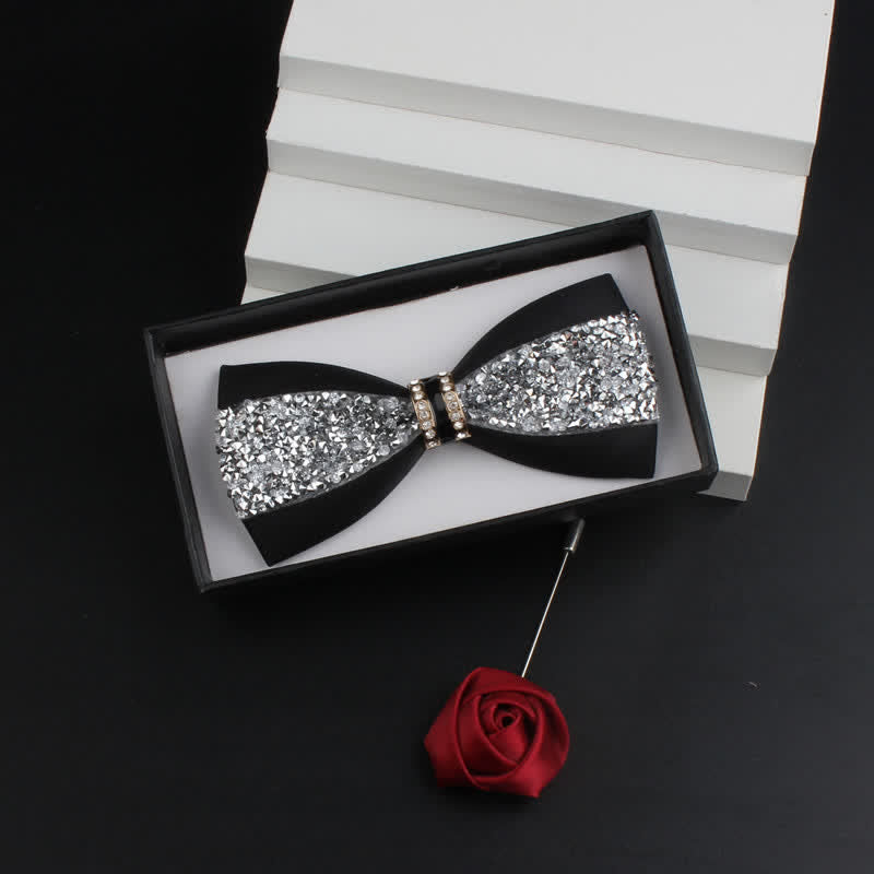 2Pcs Men's Shiny Rhinestone Bling Red Corsage Bow Tie Set