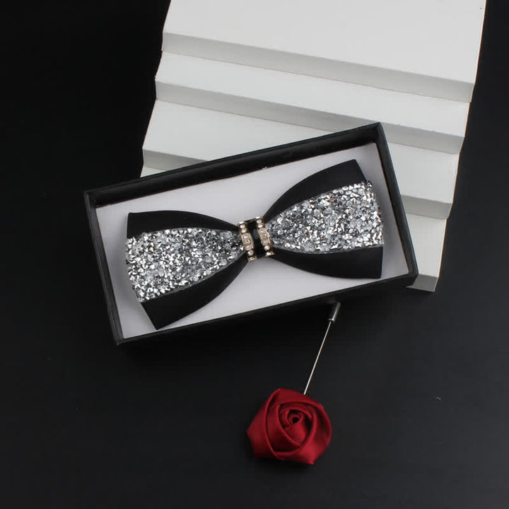 2Pcs Men's Shiny Rhinestone Bling Red Corsage Bow Tie Set