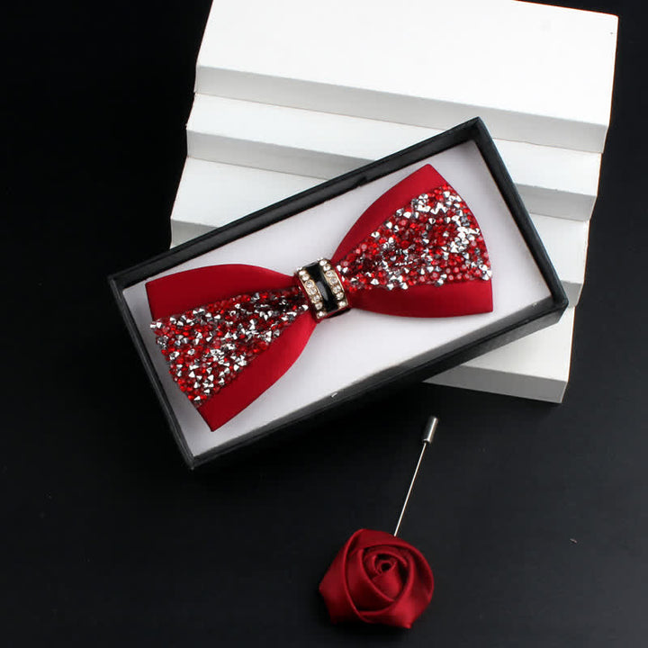 2Pcs Men's Shiny Rhinestone Bling Red Corsage Bow Tie Set