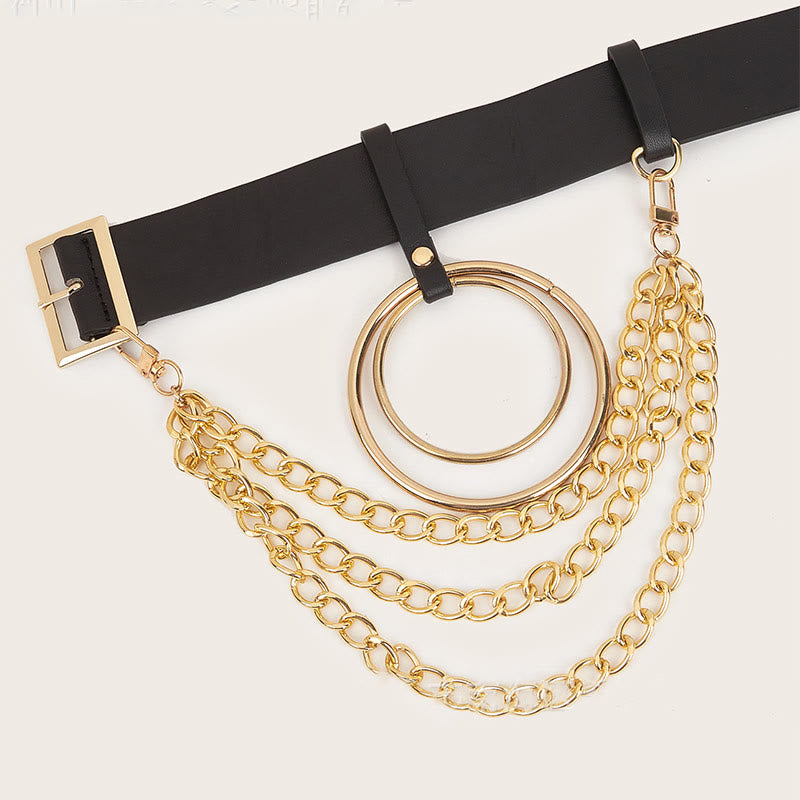 Punk Leather Belt With Round Ring Metal Chain Belt