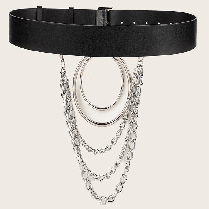 Punk Leather Belt With Round Ring Metal Chain Belt