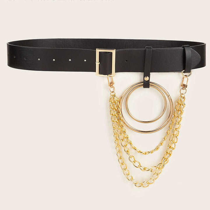Punk Leather Belt With Round Ring Metal Chain Belt