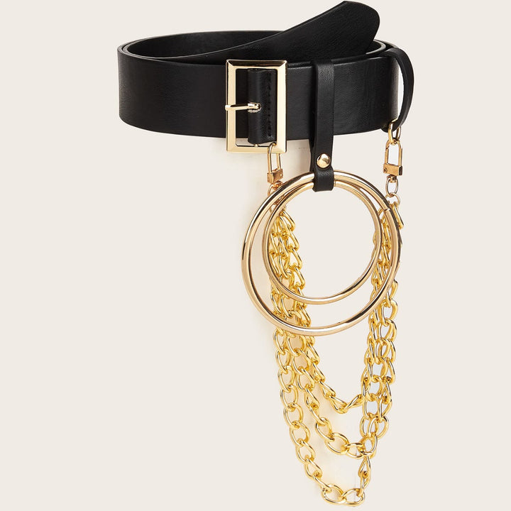 Punk Leather Belt With Round Ring Metal Chain Belt