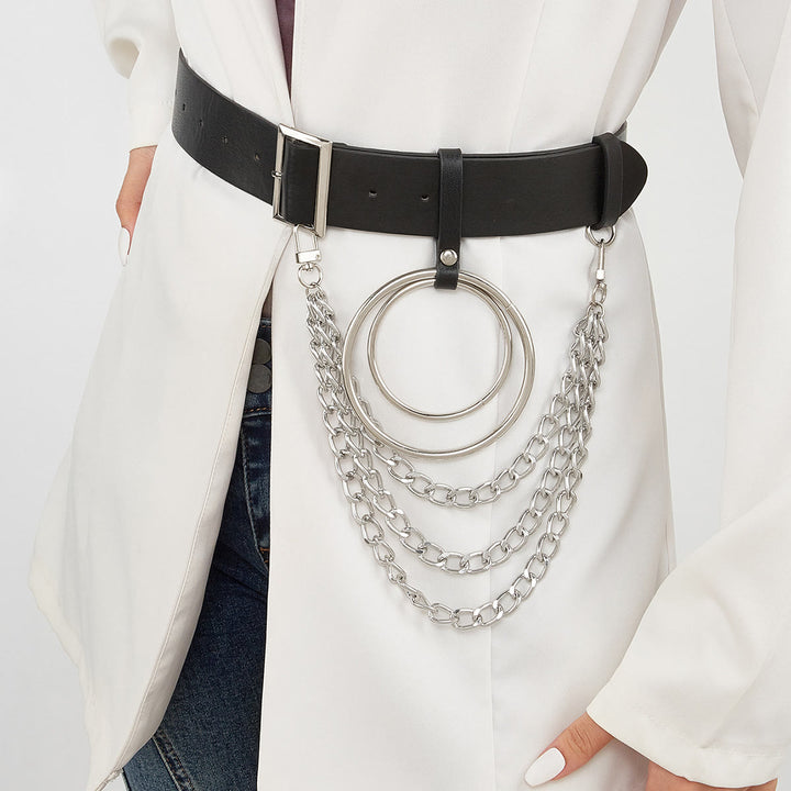 Punk Leather Belt With Round Ring Metal Chain Belt