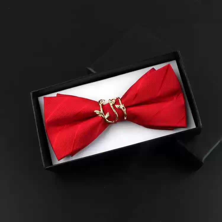 2Pcs Men's Gold Vine Leaf Red Corsage Bow Tie Set