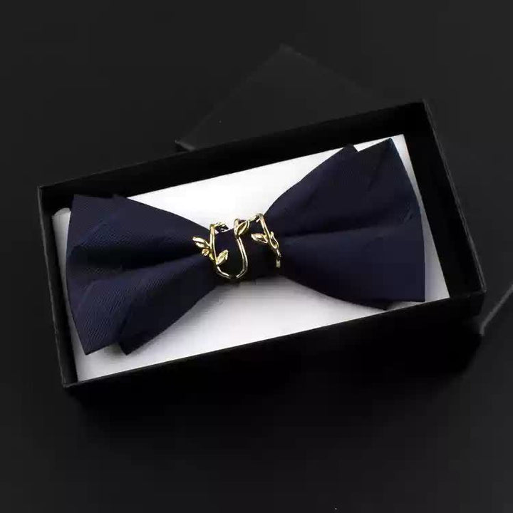 2Pcs Men's Gold Vine Leaf Red Corsage Bow Tie Set