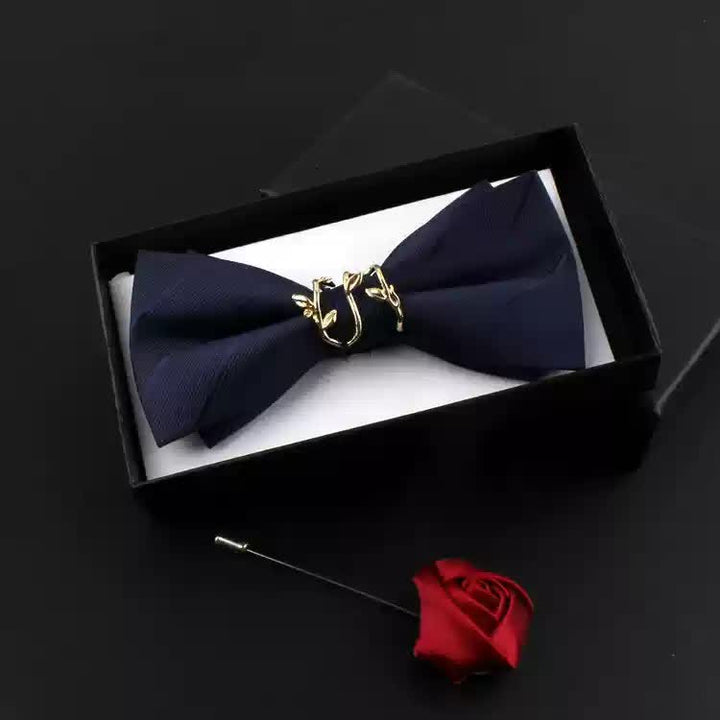 2Pcs Men's Gold Vine Leaf Red Corsage Bow Tie Set