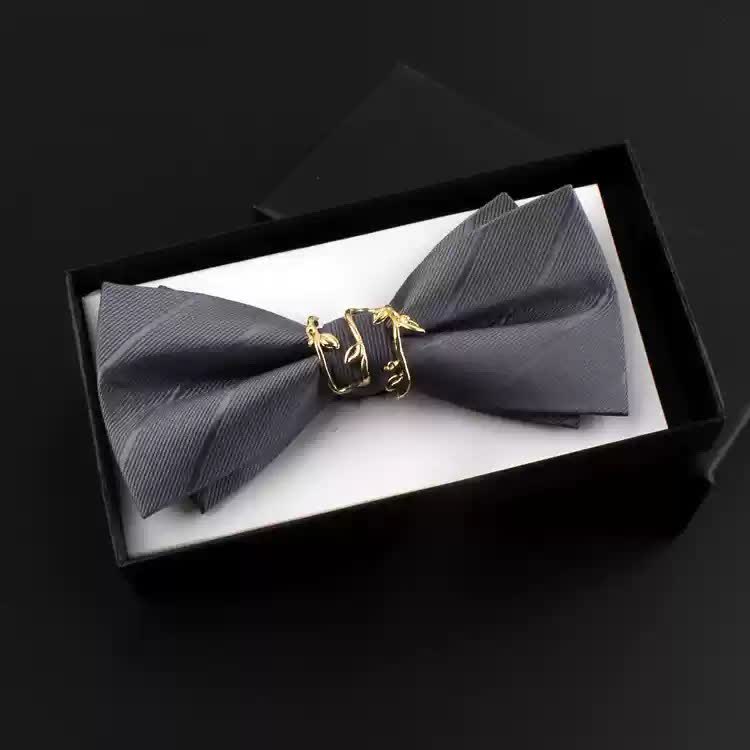 2Pcs Men's Gold Vine Leaf Red Corsage Bow Tie Set