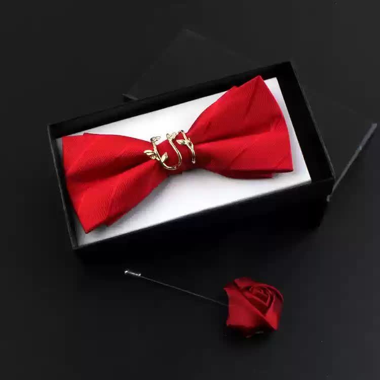2Pcs Men's Gold Vine Leaf Red Corsage Bow Tie Set