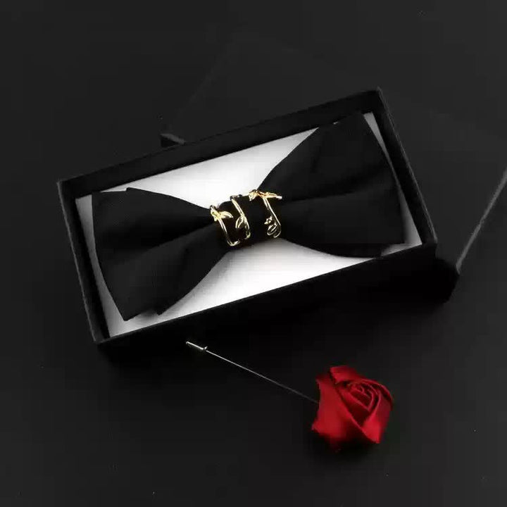 2Pcs Men's Gold Vine Leaf Red Corsage Bow Tie Set