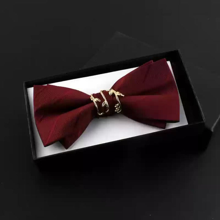 2Pcs Men's Gold Vine Leaf Red Corsage Bow Tie Set