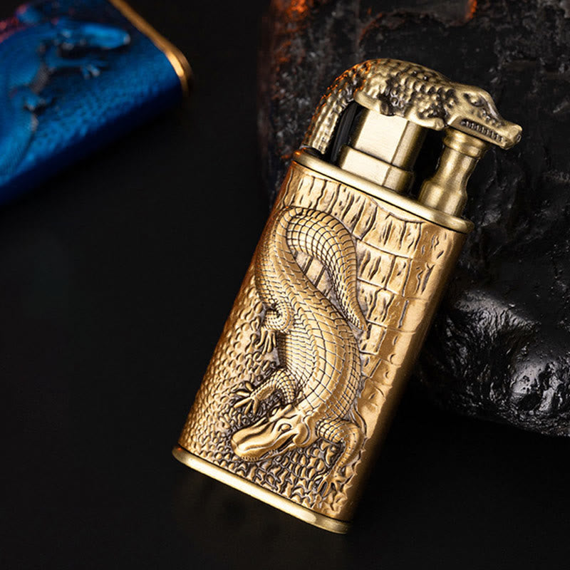 Double Flame Embossed Alligator Head Refillable Butane Lighter