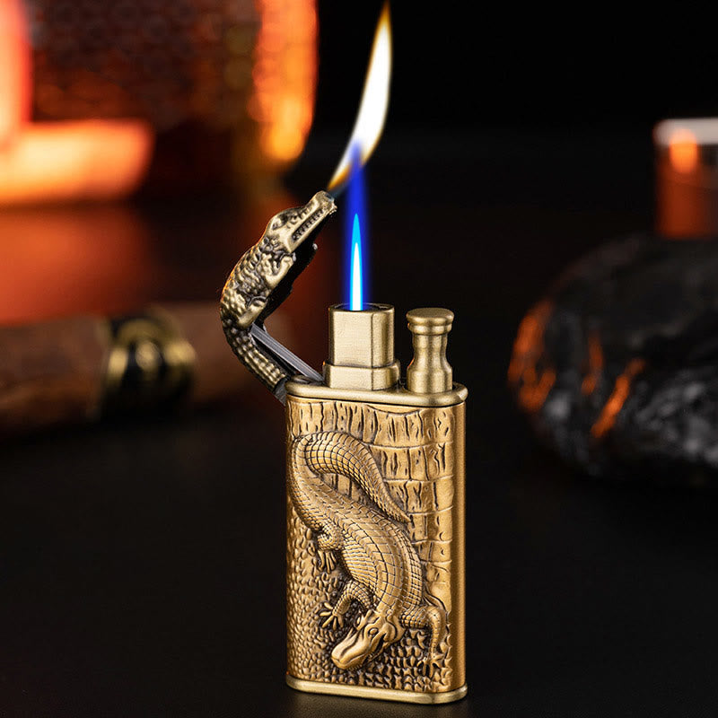 Double Flame Embossed Alligator Head Refillable Butane Lighter