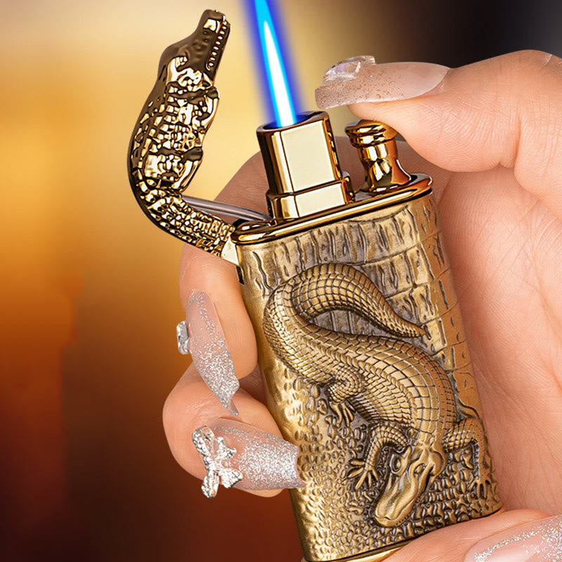 Double Flame Embossed Alligator Head Refillable Butane Lighter