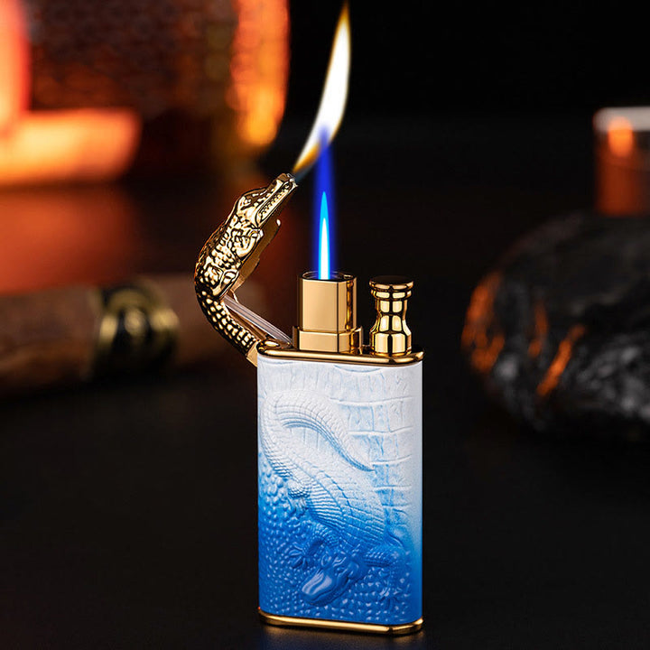 Double Flame Embossed Alligator Head Refillable Butane Lighter