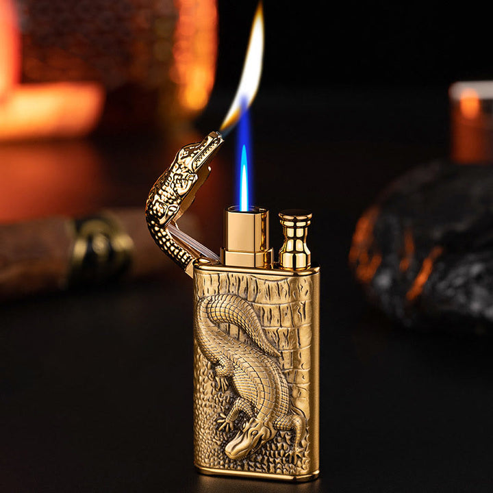 Double Flame Embossed Alligator Head Refillable Butane Lighter
