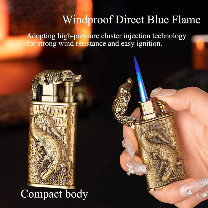 Double Flame Embossed Alligator Head Refillable Butane Lighter