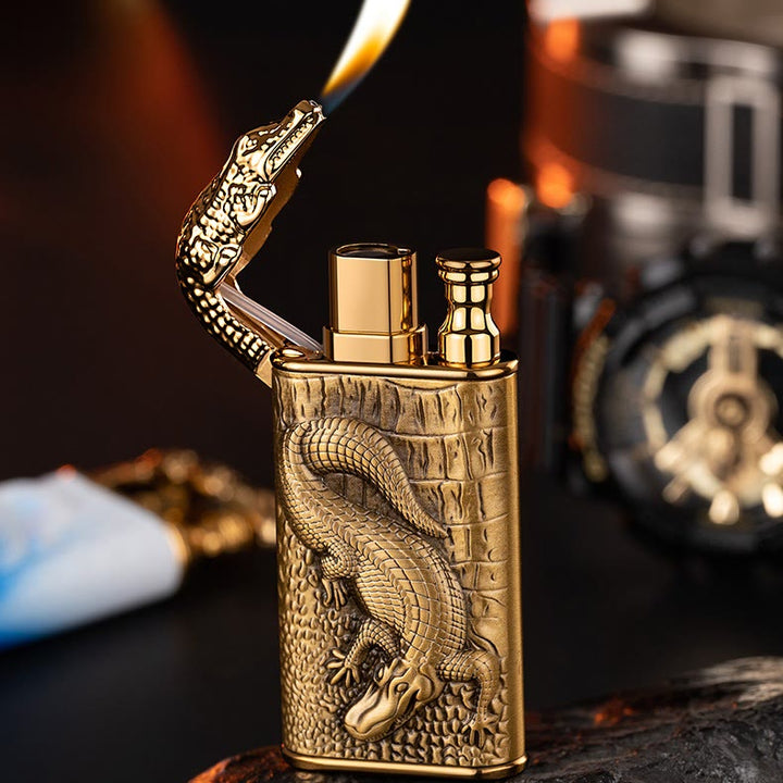 Double Flame Embossed Alligator Head Refillable Butane Lighter