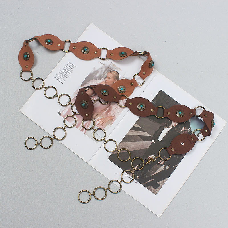 Vintage Turquoise Rivet Belt Metal Clasp Leather Belt