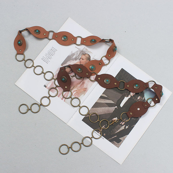 Vintage Turquoise Rivet Belt Metal Clasp Leather Belt