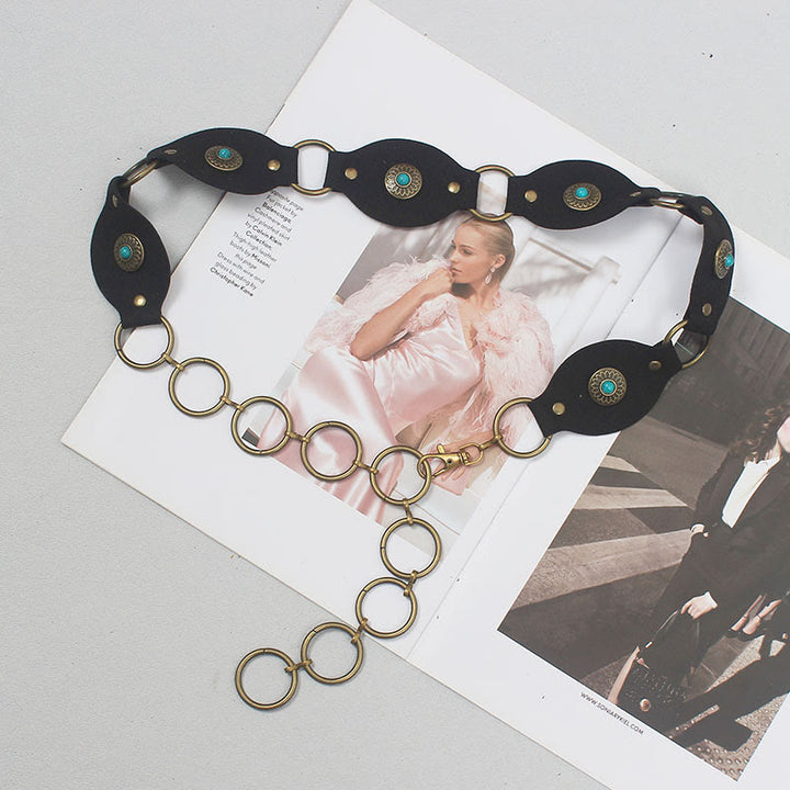 Vintage Turquoise Rivet Belt Metal Clasp Leather Belt