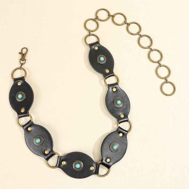 Vintage Turquoise Rivet Belt Metal Clasp Leather Belt