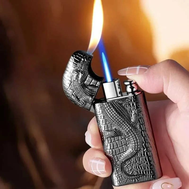 Double Flame Embossed Wild Crocodile Refillable Butane Lighter