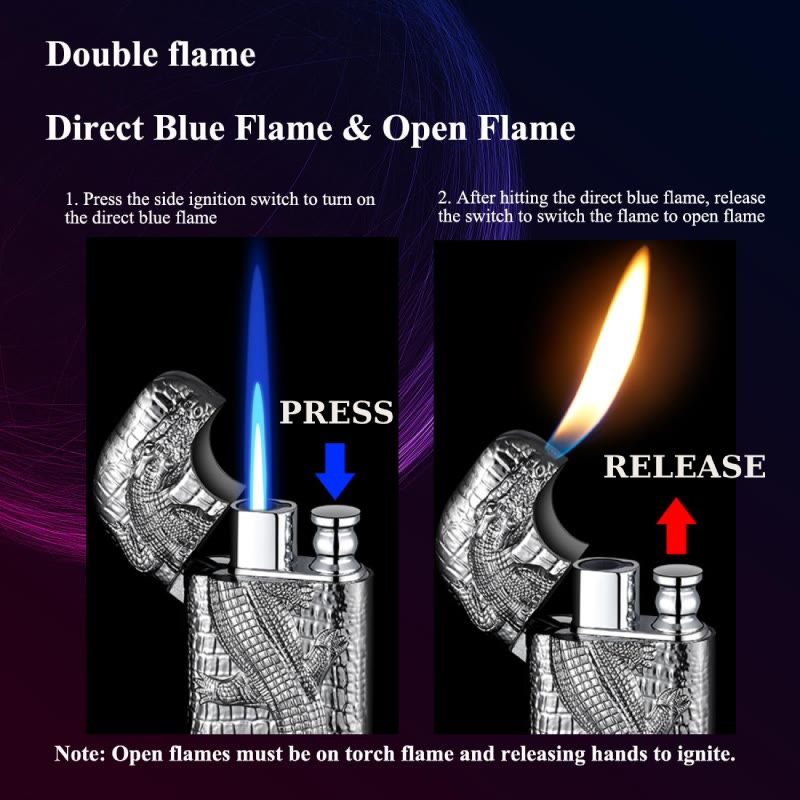 Double Flame Embossed Wild Crocodile Refillable Butane Lighter