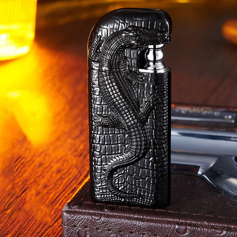 Double Flame Embossed Wild Crocodile Refillable Butane Lighter