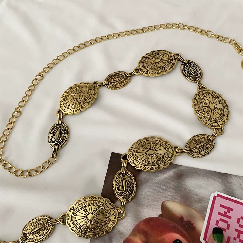 Vintage Ethnic Carved Bohemian Chain Belt Metal Chain