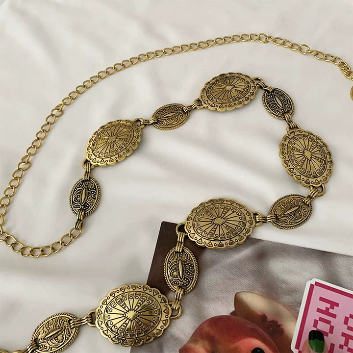 Vintage Ethnic Carved Bohemian Chain Belt Metal Chain