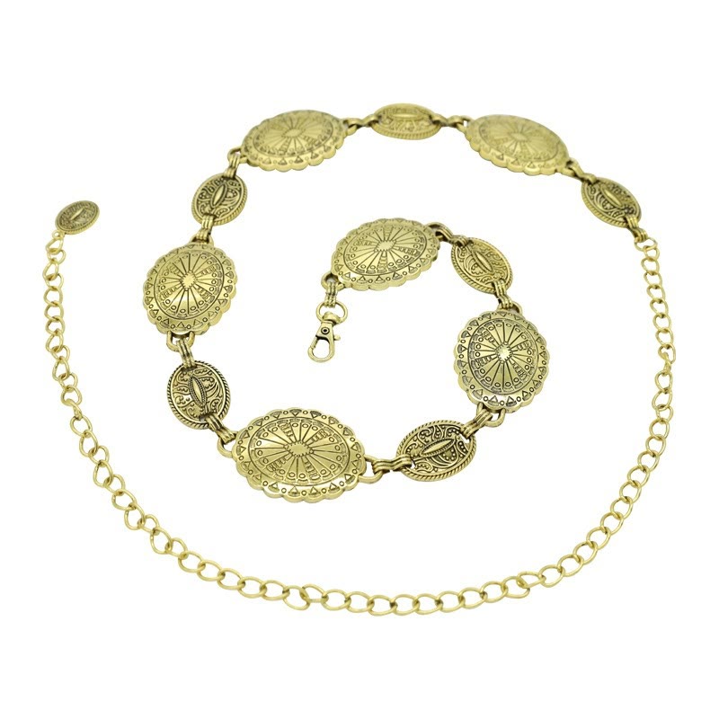 Vintage Ethnic Carved Bohemian Chain Belt Metal Chain