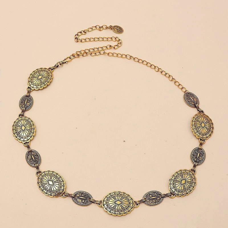 Vintage Ethnic Carved Bohemian Chain Belt Metal Chain