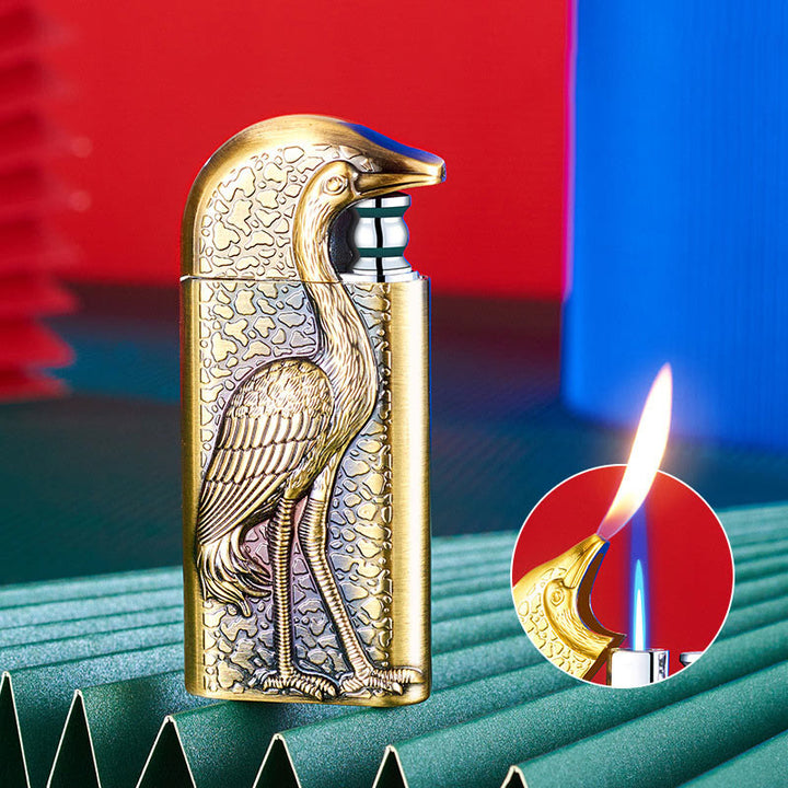 Double Flame Embossed Grus Japonensis Refillable Butane Lighter