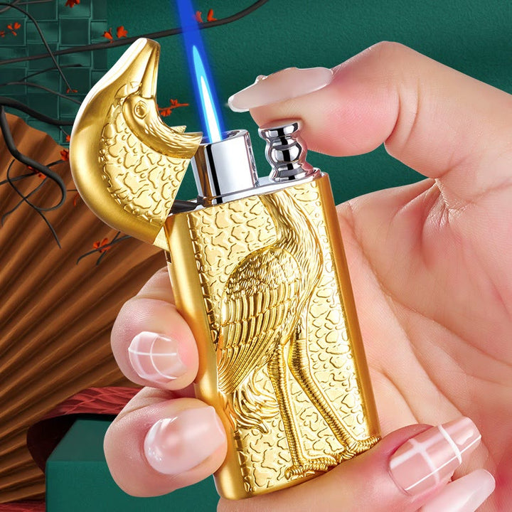 Double Flame Embossed Grus Japonensis Refillable Butane Lighter
