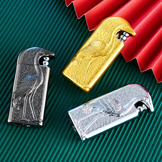 Double Flame Embossed Grus Japonensis Refillable Butane Lighter