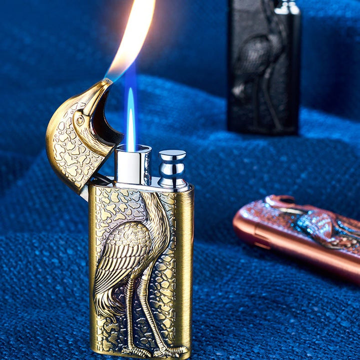 Double Flame Embossed Grus Japonensis Refillable Butane Lighter