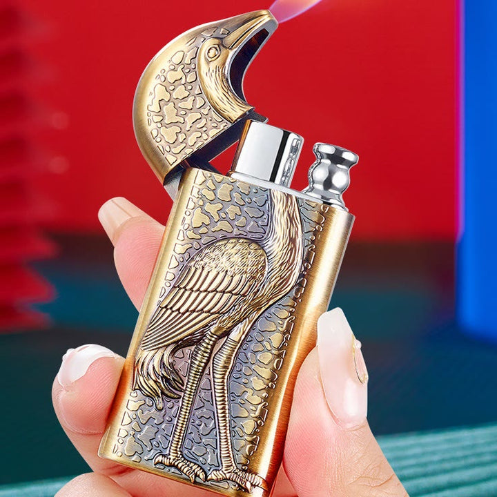 Double Flame Embossed Grus Japonensis Refillable Butane Lighter