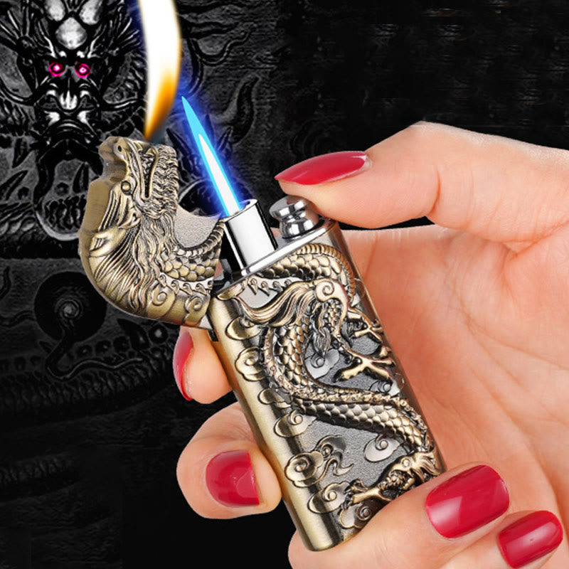 Double Flame Embossed Vivid Dragon Refillable Butane Lighter
