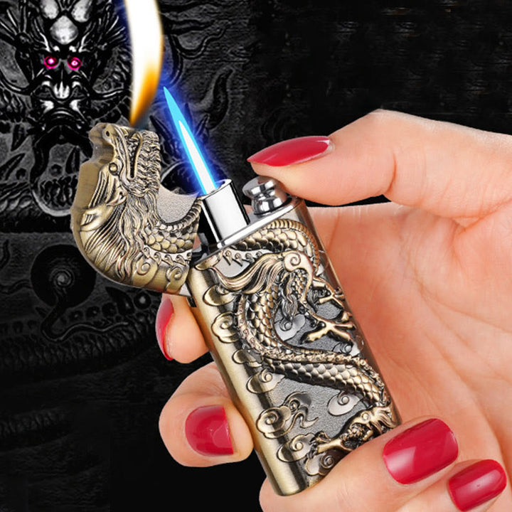 Double Flame Embossed Vivid Dragon Refillable Butane Lighter