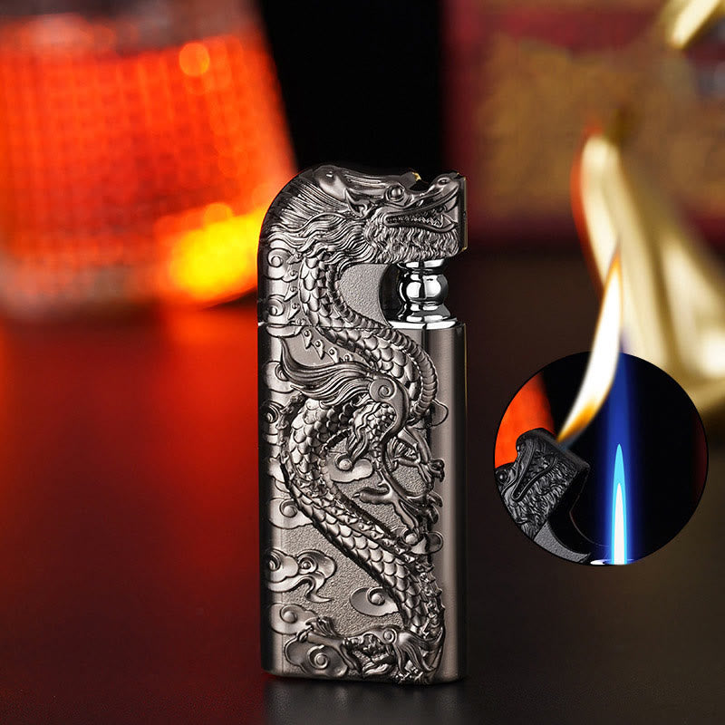 Double Flame Embossed Vivid Dragon Refillable Butane Lighter