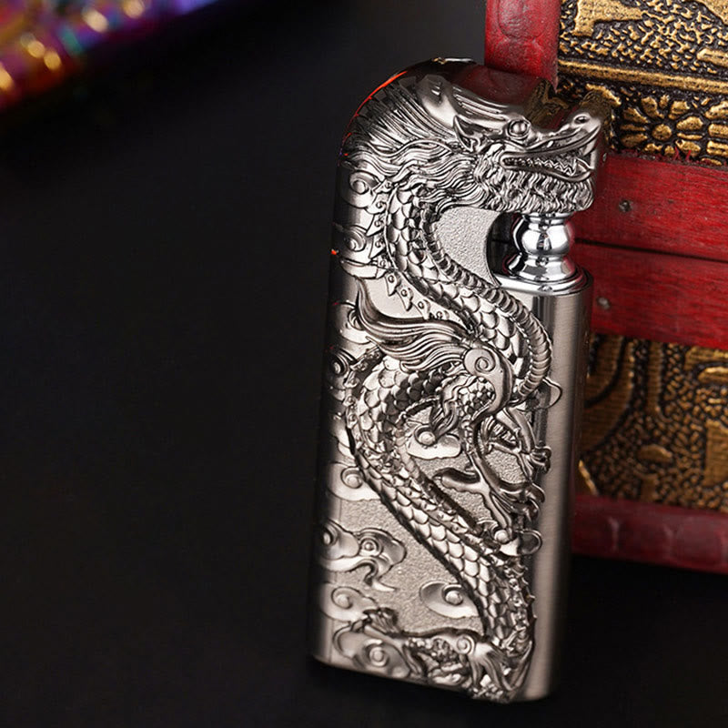 Double Flame Embossed Vivid Dragon Refillable Butane Lighter