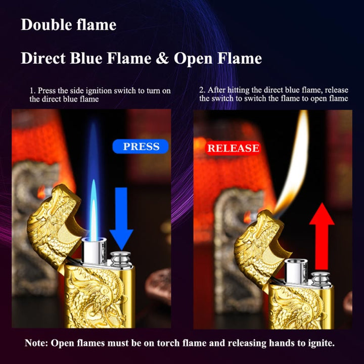 Double Flame Embossed Vivid Dragon Refillable Butane Lighter