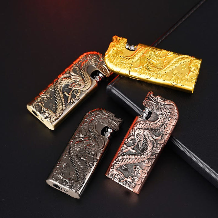 Double Flame Embossed Vivid Dragon Refillable Butane Lighter